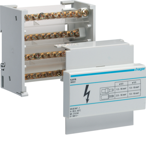 KJ01B Блок розгалужуючий In=80A,  4п, 5мод., вхід 1х16 вихід 8х10мм2
